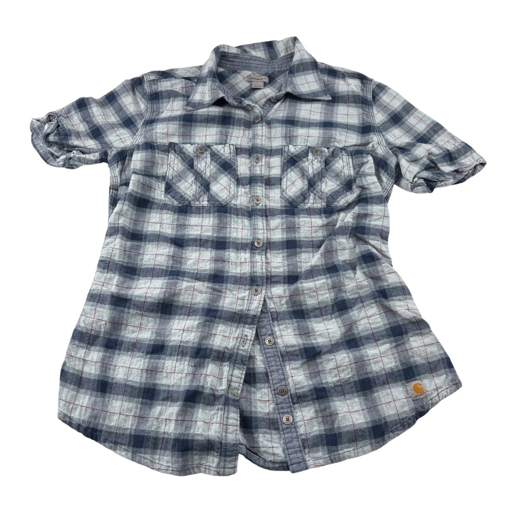 Carhartt Mens Plaid‎ Short Sleeve Button Up Shirt Blue Gray Size S 4 6